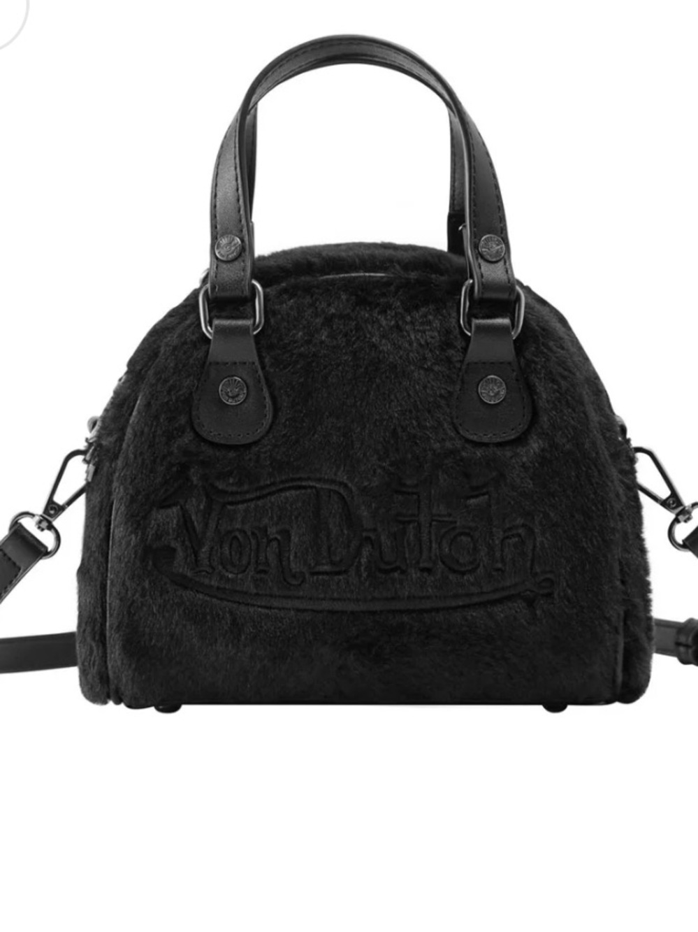 Von Dutch Black Furry Satchel with Removable Strap